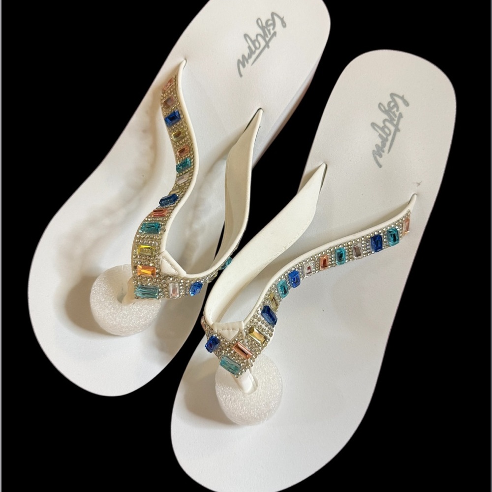 Diamond 90’s Wedge Elegant White Beaded Flip-Flops Deadstock Y2K vibes